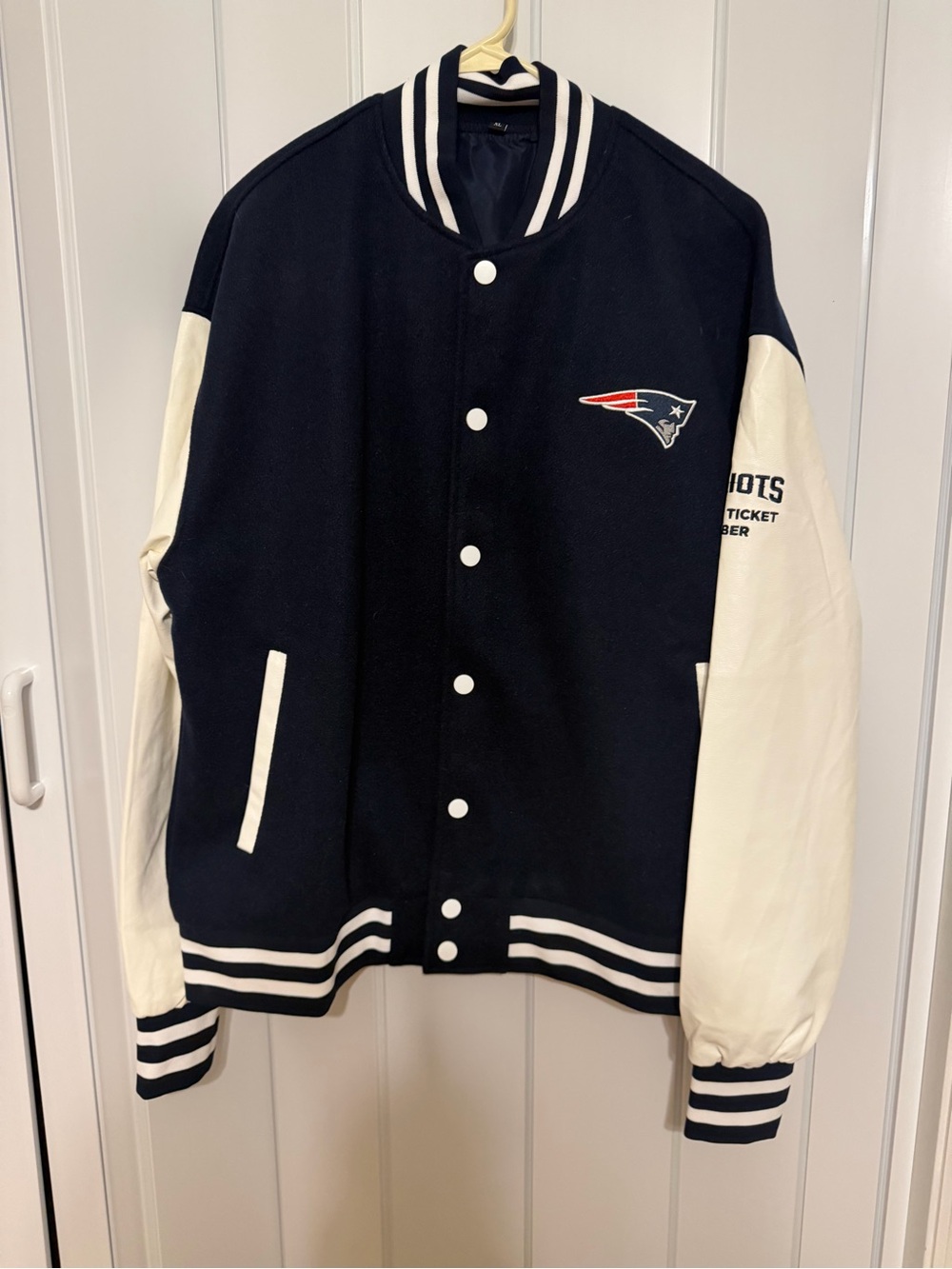 Patriots season ticket Navy & White Varsity Jacket